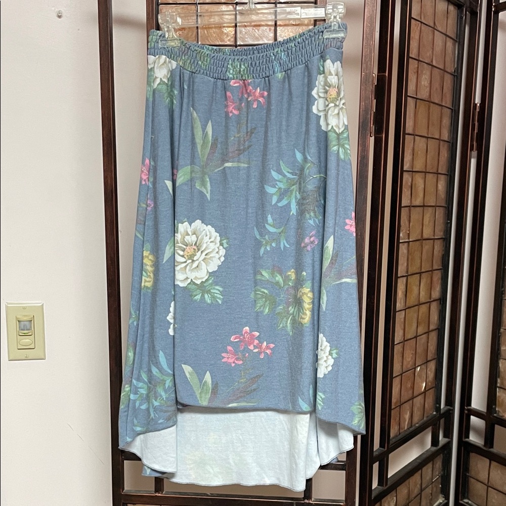 Chaser Floral High Low Skirt in Blue and White